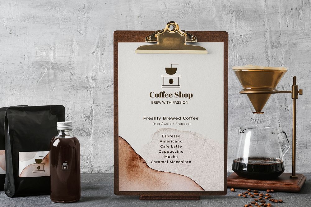 Paper mockup psd, coffee shop menu, pour over coffee maker