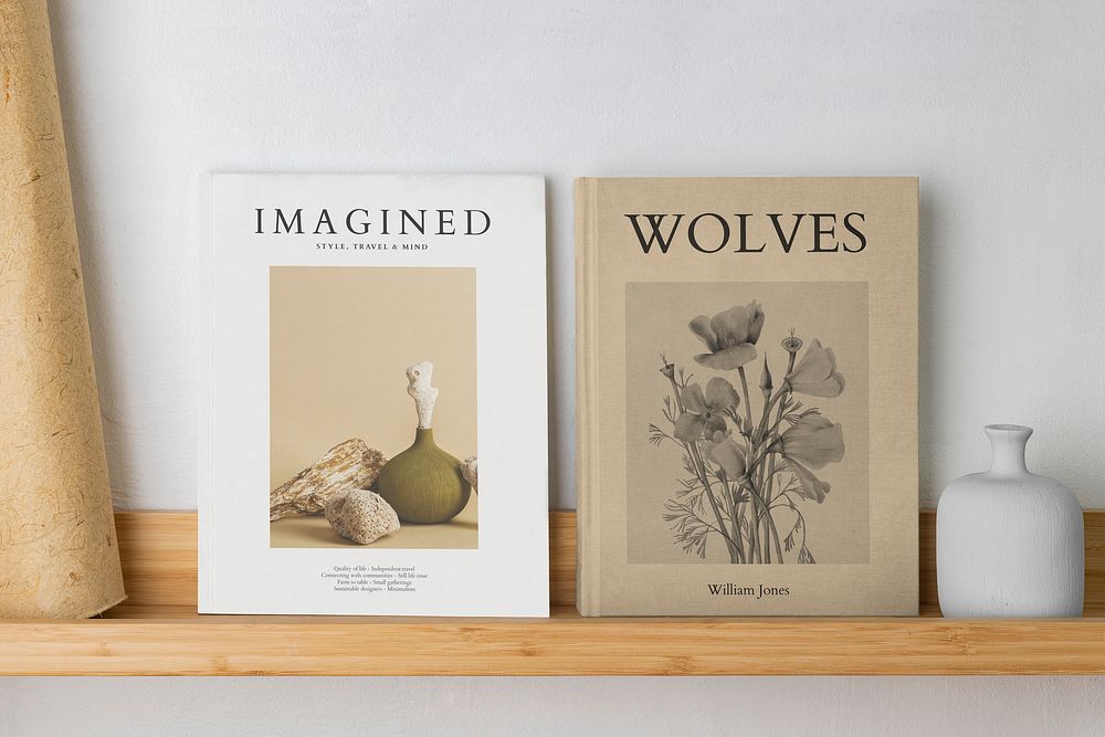 Two book mockups, psd designs on a wooden shelf