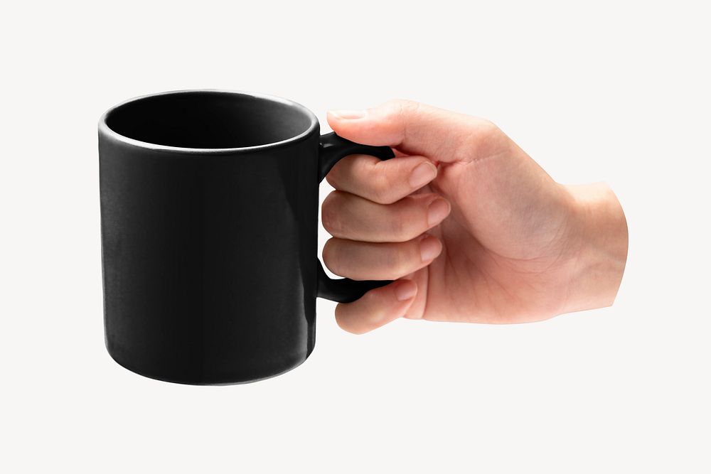 Hand holding black coffee mug