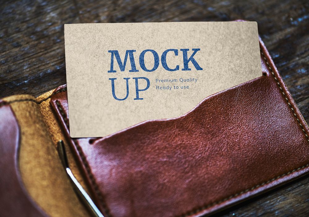 Kraft name card mockup in a leather wallet