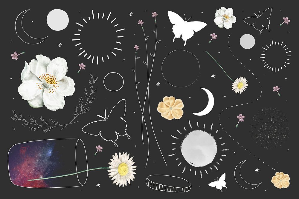 Aesthetic flower, galaxy collage elements set