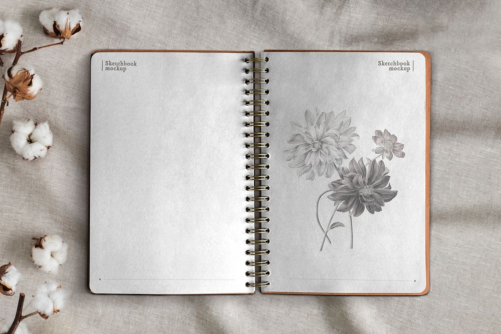 Opened sketchbook pages mockup psd on floral background