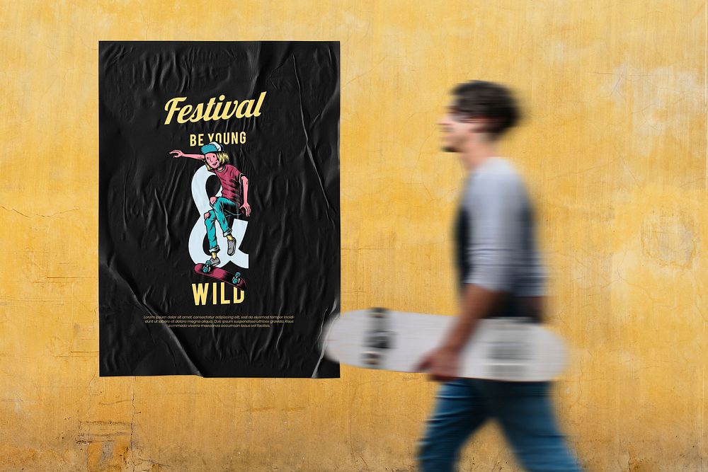 Poster mockup psd with cool man carrying a surf skateboard