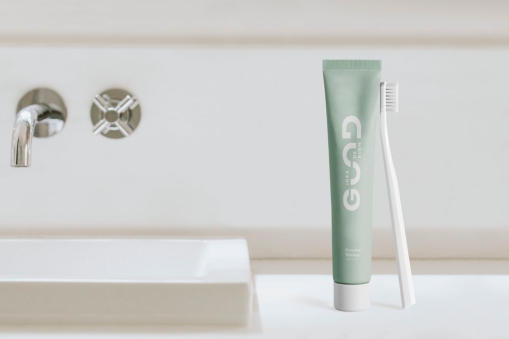 Toothbrush and toothpaste mockup psd in bathroom