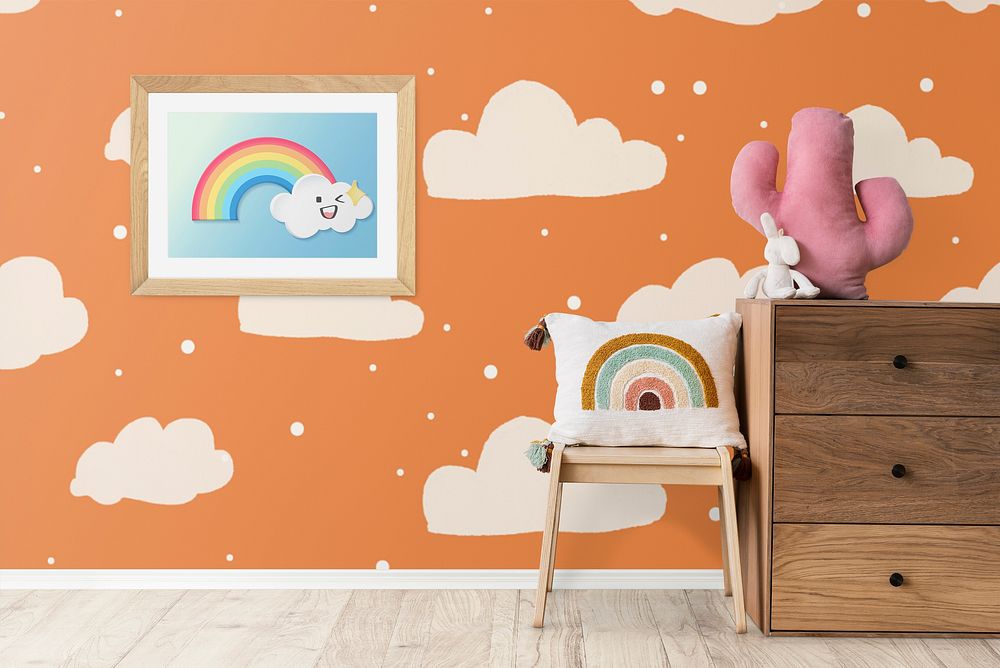 Cloud patterned wall in kids room