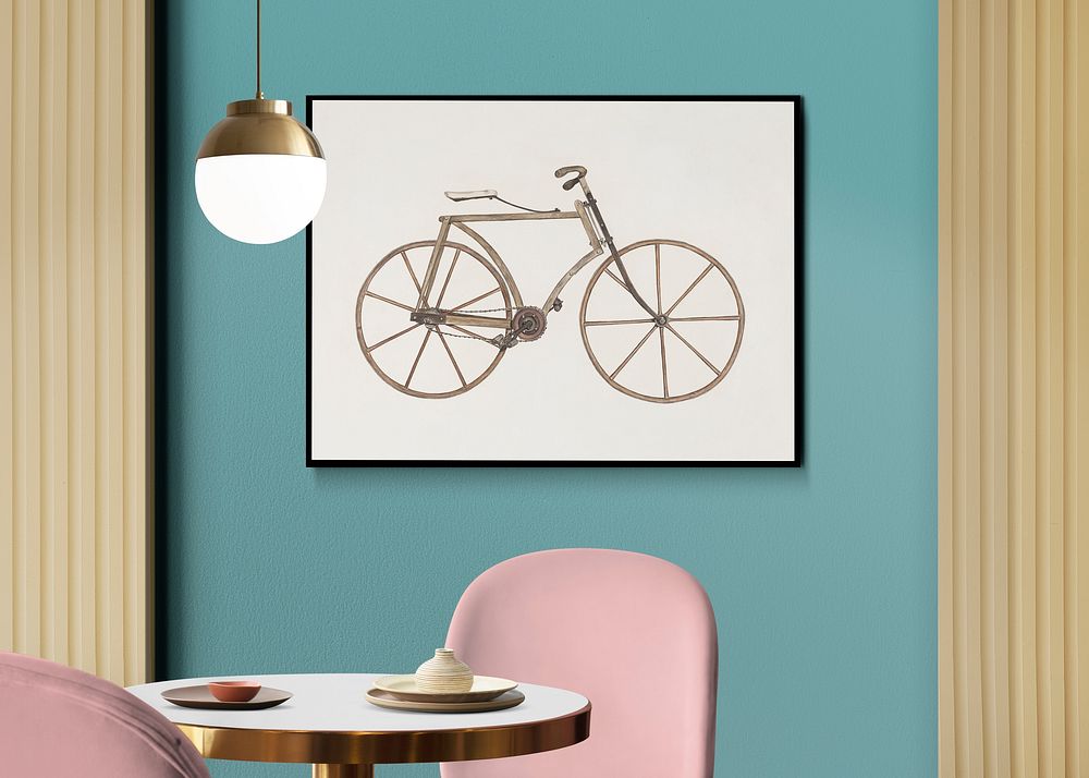 Framed bicycle illustration photo on blue wall