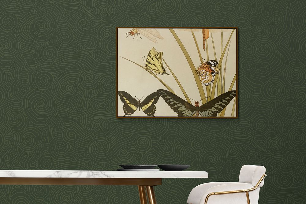 Contemporary interior, green dining room wall with framed butterfly illustration photo