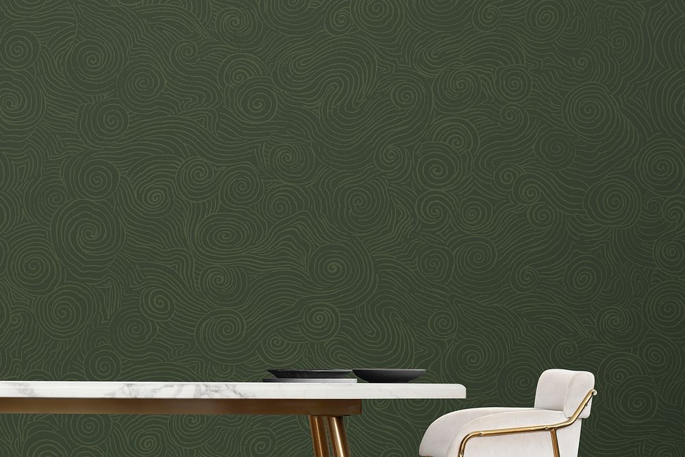 Blank patterned green wall, dining room interior