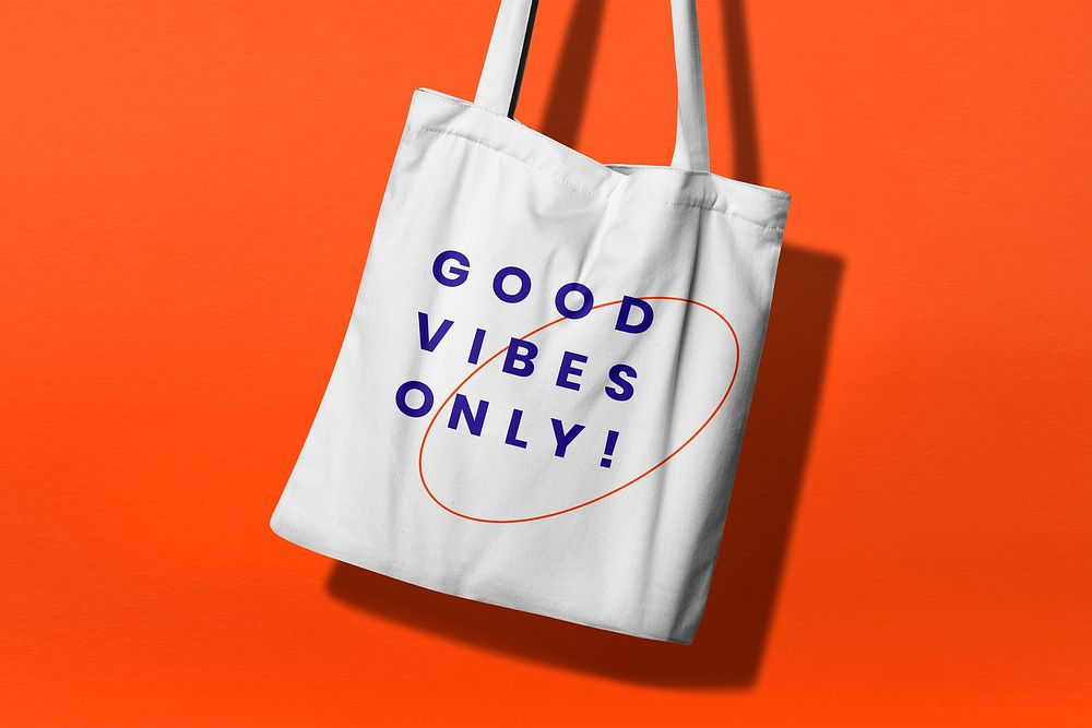 Tote bag mockup, eco fashion with quote good vibes only psd