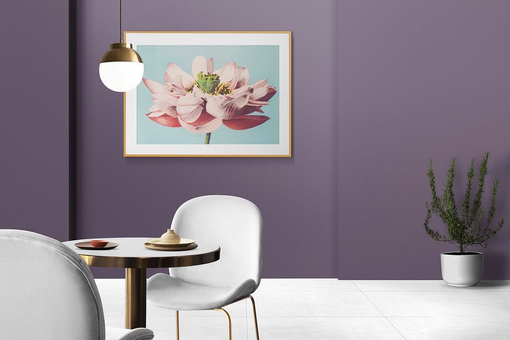 Contemporary dining room, purple wall with flower picture frame
