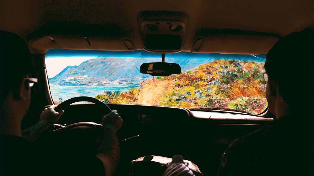 Road trip car computer wallpaper, vintage landscape psd. Remixed by rawpixel.