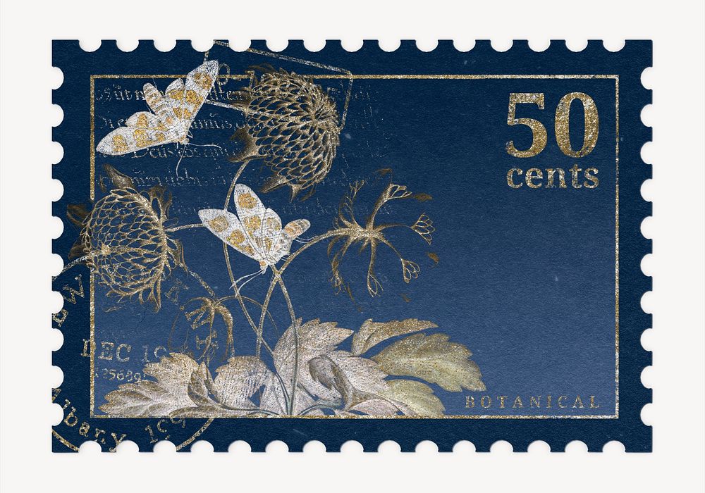 Postage stamp mockup, vintage butterfly and flower illustration psd