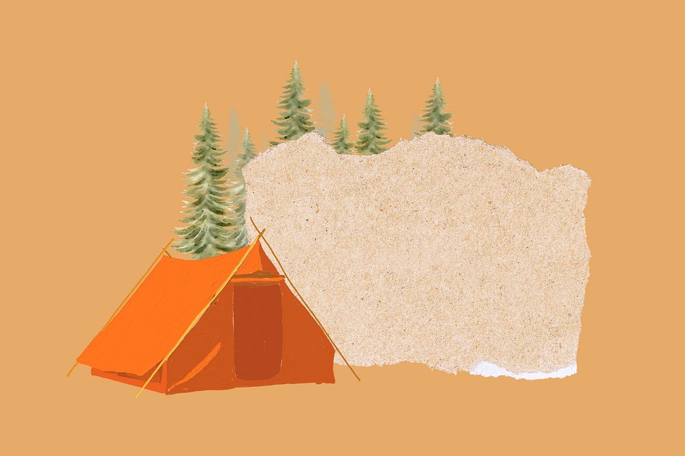 Camping tent ripped paper, aesthetic travel  background