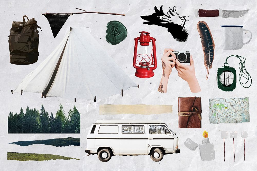 Camping travel aesthetic collage element set psd