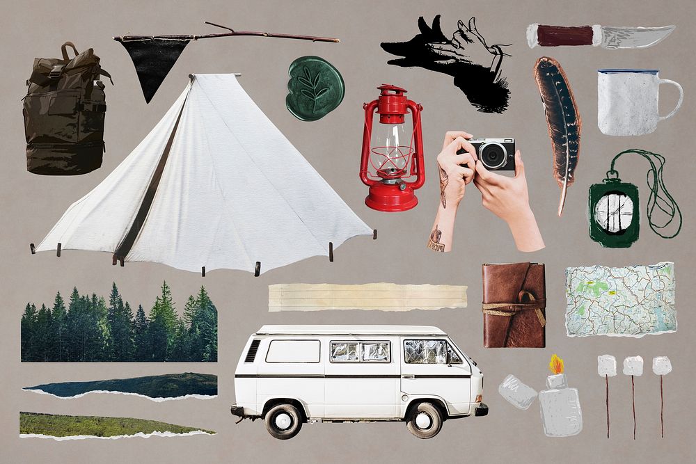 Camping travel aesthetic collage element set psd