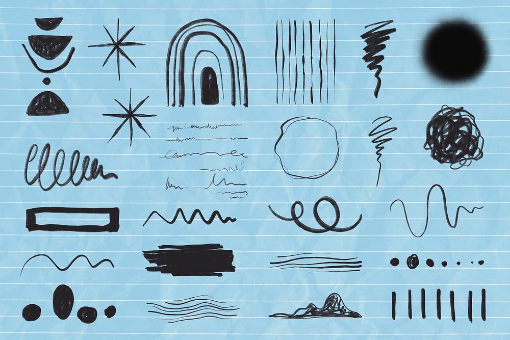 Abstract scribble lines, doodle clipart set psd