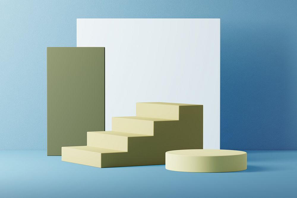 Matcha green product background, 3D stairs podium