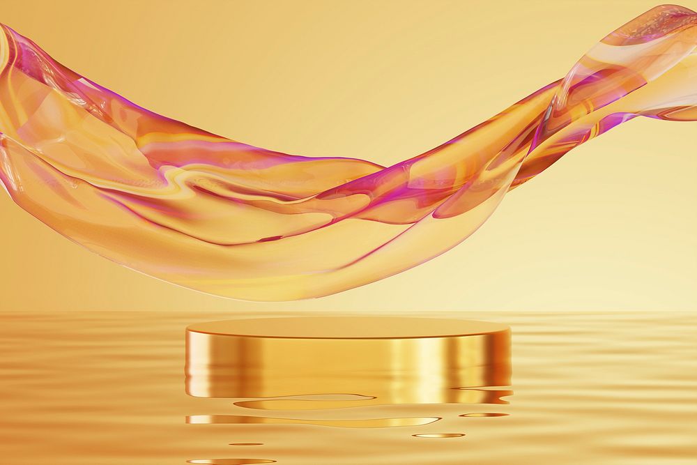 Gold beauty product background mockup, 3D water podium psd