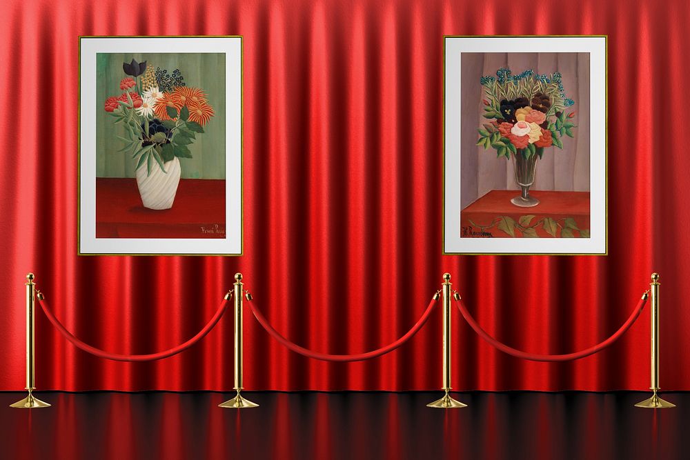 Flower vase paintings framed on a gallery's wall