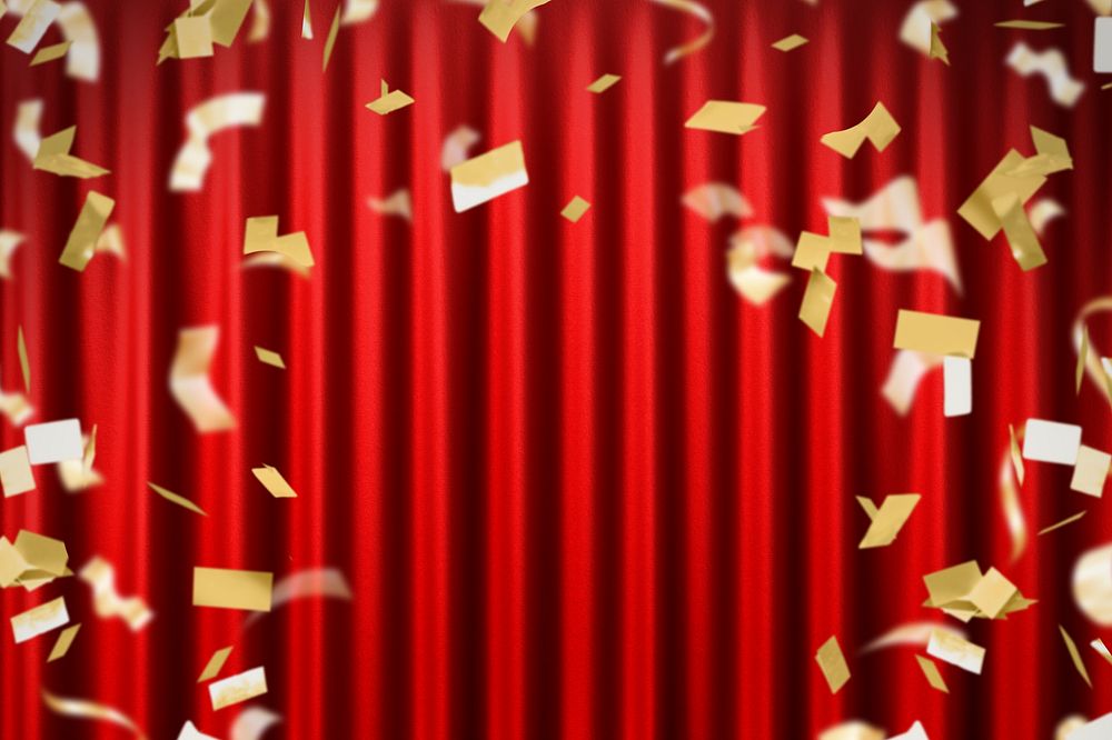 Red curtain wall mockup, falling gold confetti psd