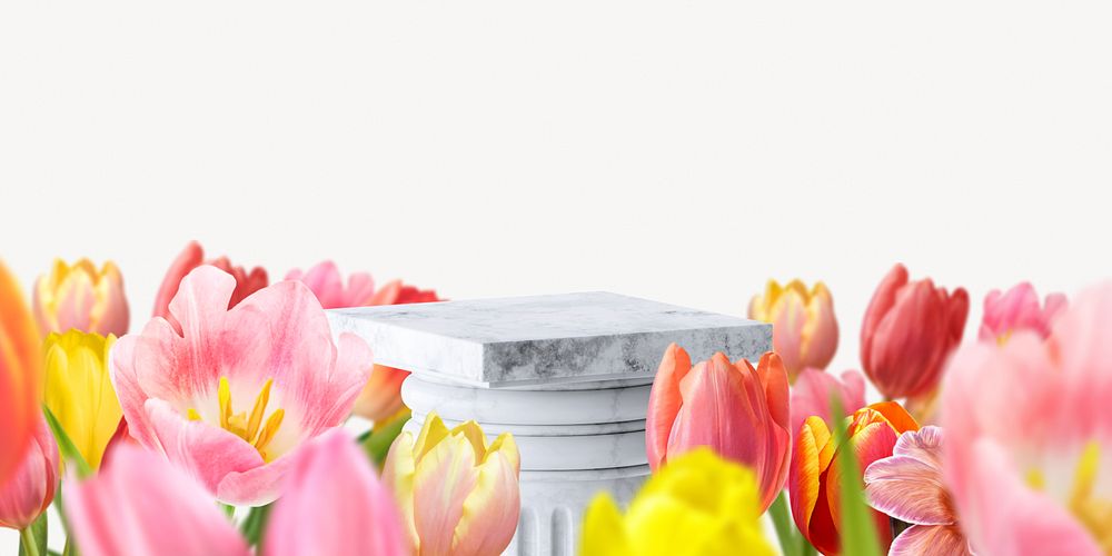 Spring flower field product background, 3D podium illustration