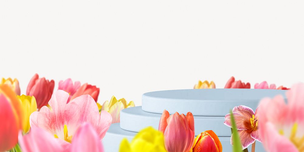 Spring flower field product background, 3D podium illustration