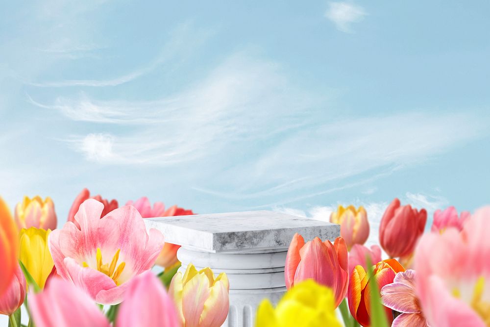 Spring flower field product background, 3D podium illustration psd