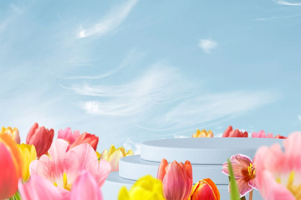 Spring flower field product background, 3D podium illustration