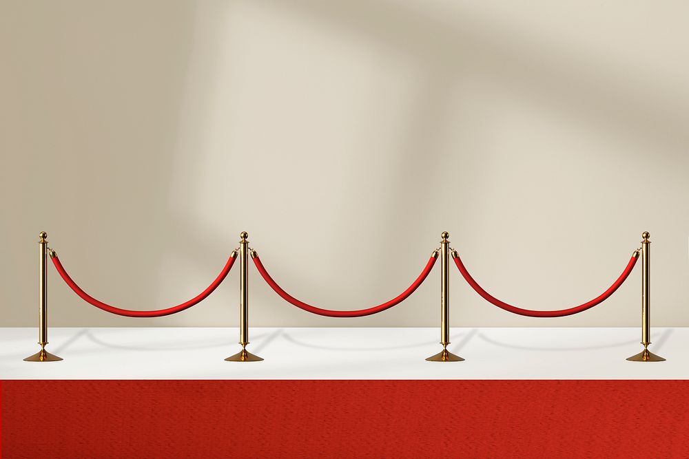 Red carpet product backdrop mockup, 3D barriers psd