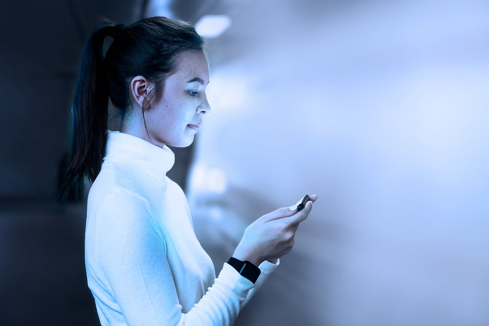 Girl texting on phone, digital remix