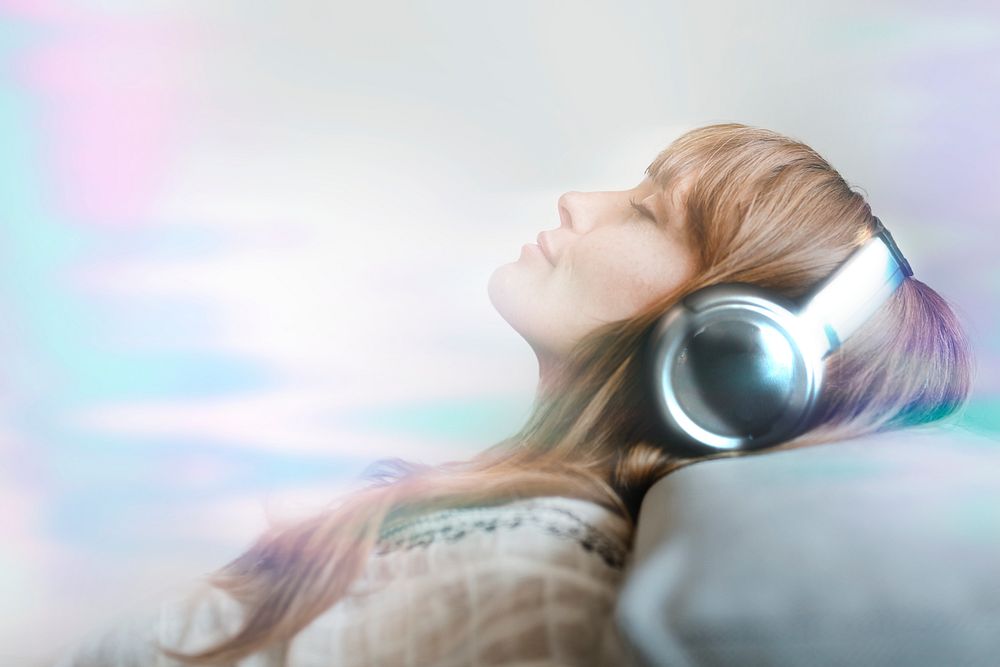 Woman listening to music, digital remix