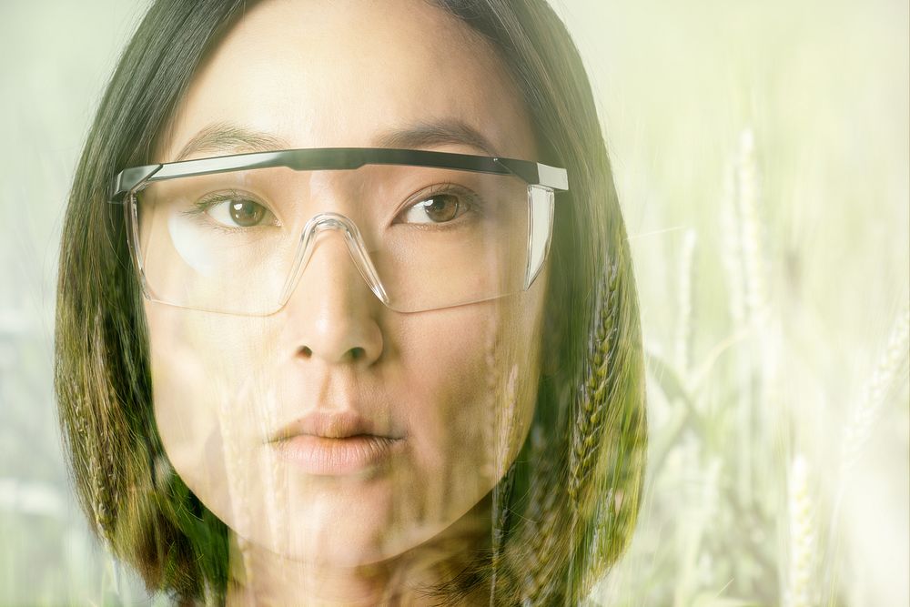 Asian woman wearing glasses, smart agriculture, digital remix
