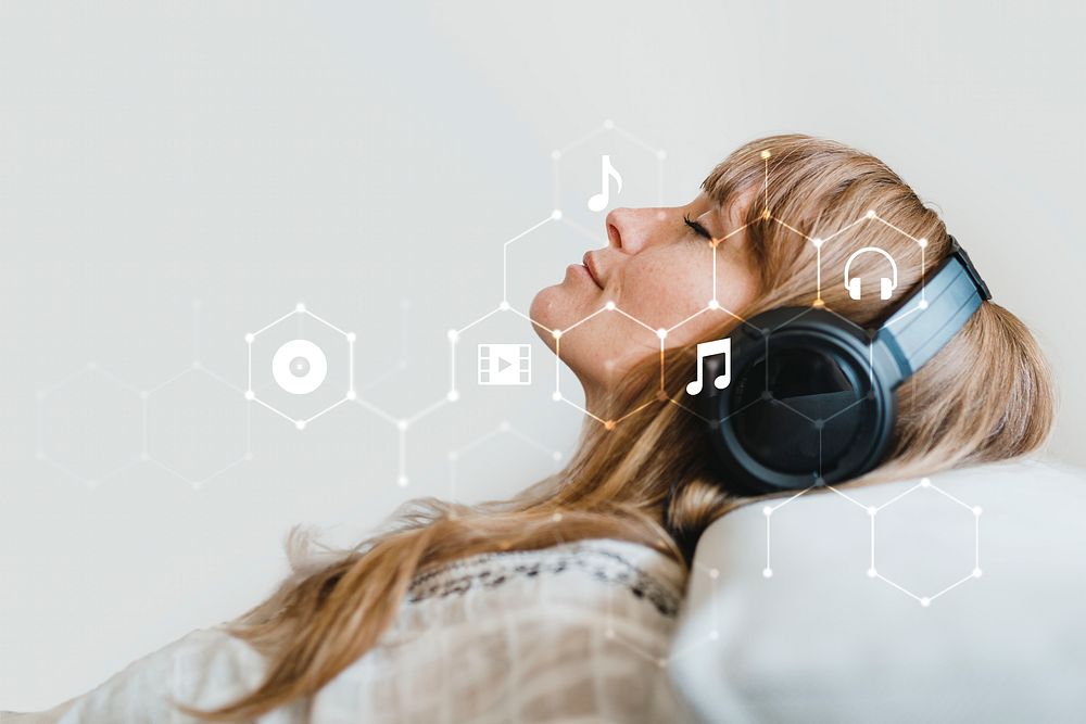 Woman listening to music, digital remix