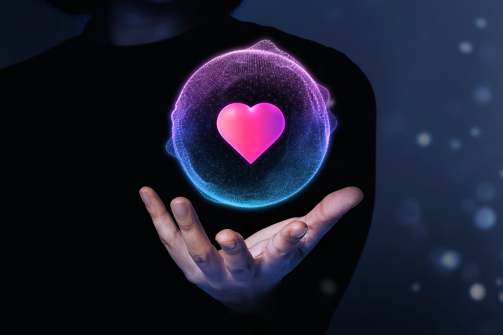 Heart in man's hand, futuristic business, digital remix