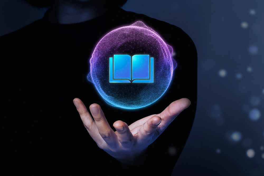 Blue opened book, education technology remix