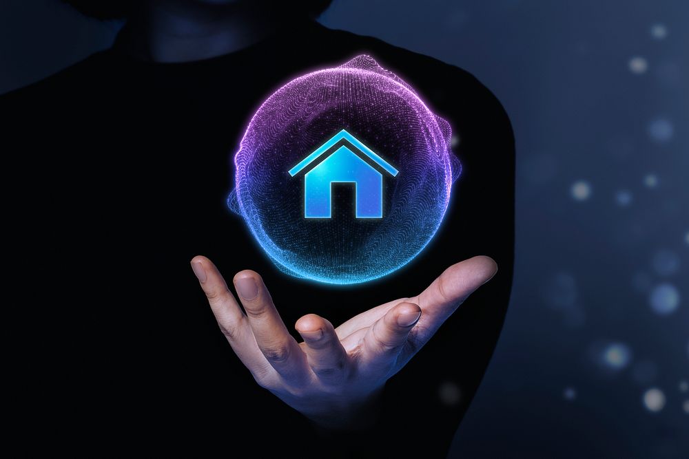 Home bubble in man's hand, digital remix