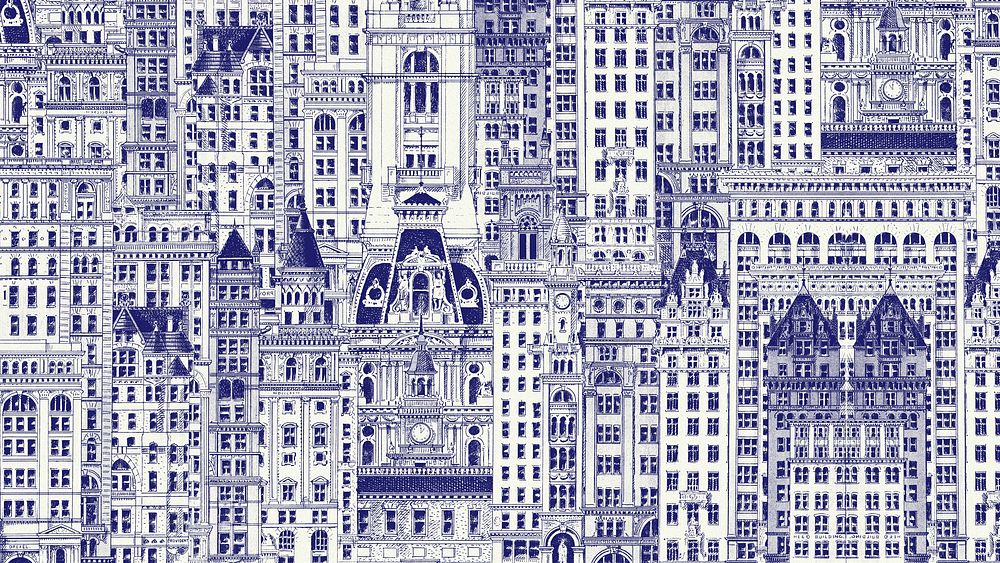 Blue city buildings desktop wallpaper background. Vintage art remixed by rawpixel.