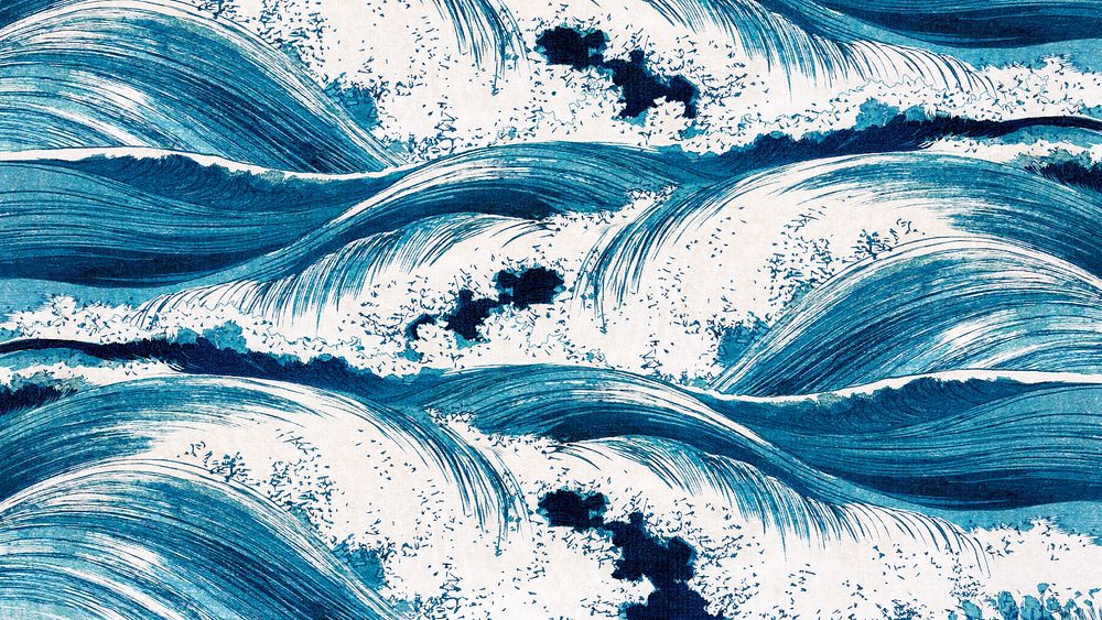 Ocean waves desktop wallpaper, Uehara Konen's pattern art, remixed by rawpixel