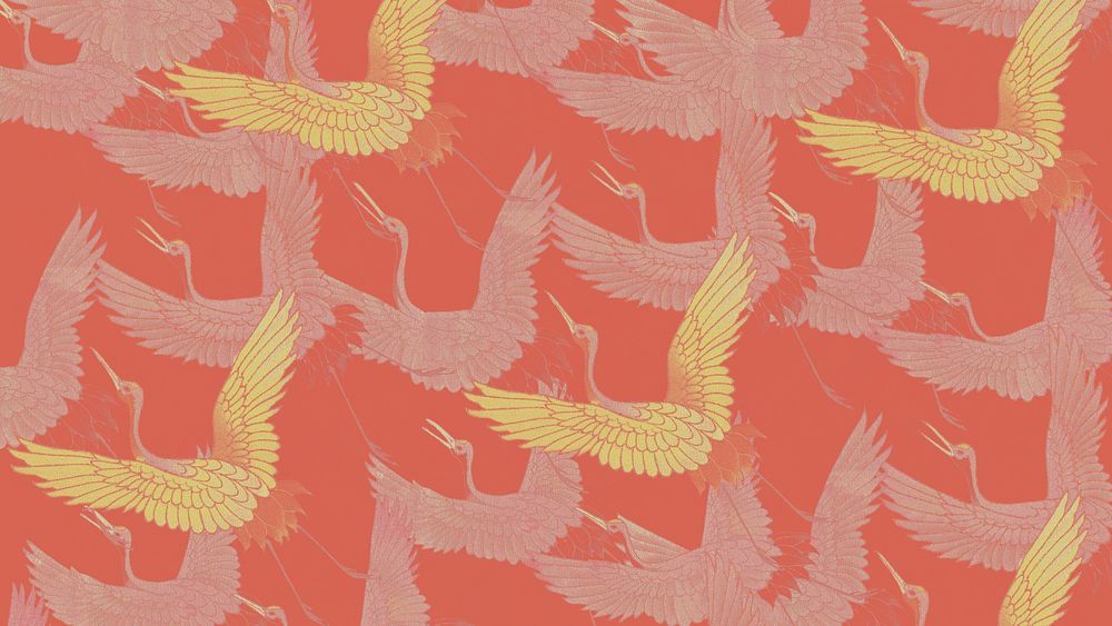 Vintage flying cranes desktop wallpaper, bird pattern background, remixed by rawpixel
