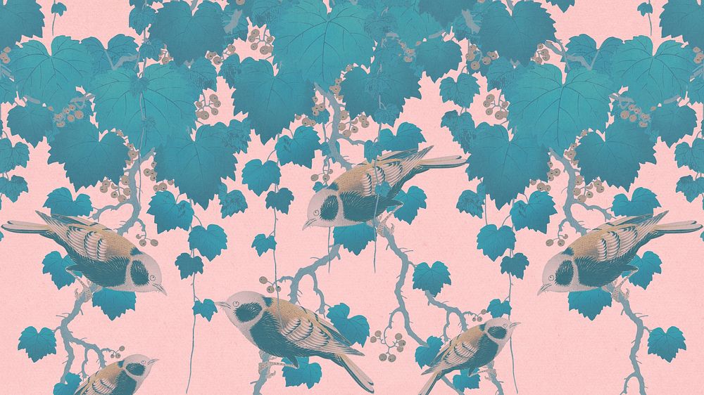 Ohara Koson's bird desktop wallpaper, Great tit on paulownia branch illustration, remixed by rawpixel