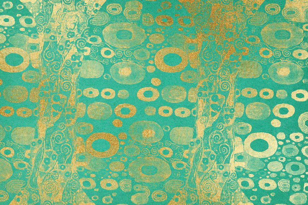 Aesthetic green gold patterned background, Gustav Klimt's Hope II design, remixed by rawpixel
