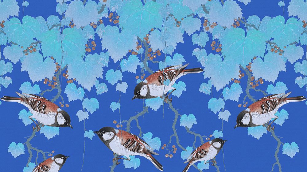 Ohara Koson's bird desktop wallpaper, Great tit on paulownia branch illustration, remixed by rawpixel