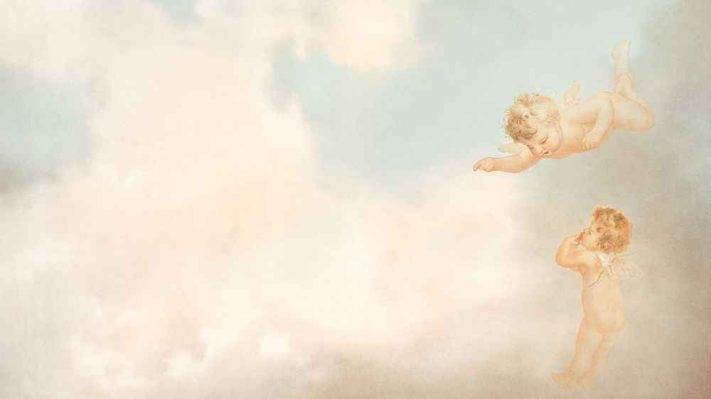 Vintage cherubs mobile wallpaper, aesthetic sky background, remixed by rawpixel