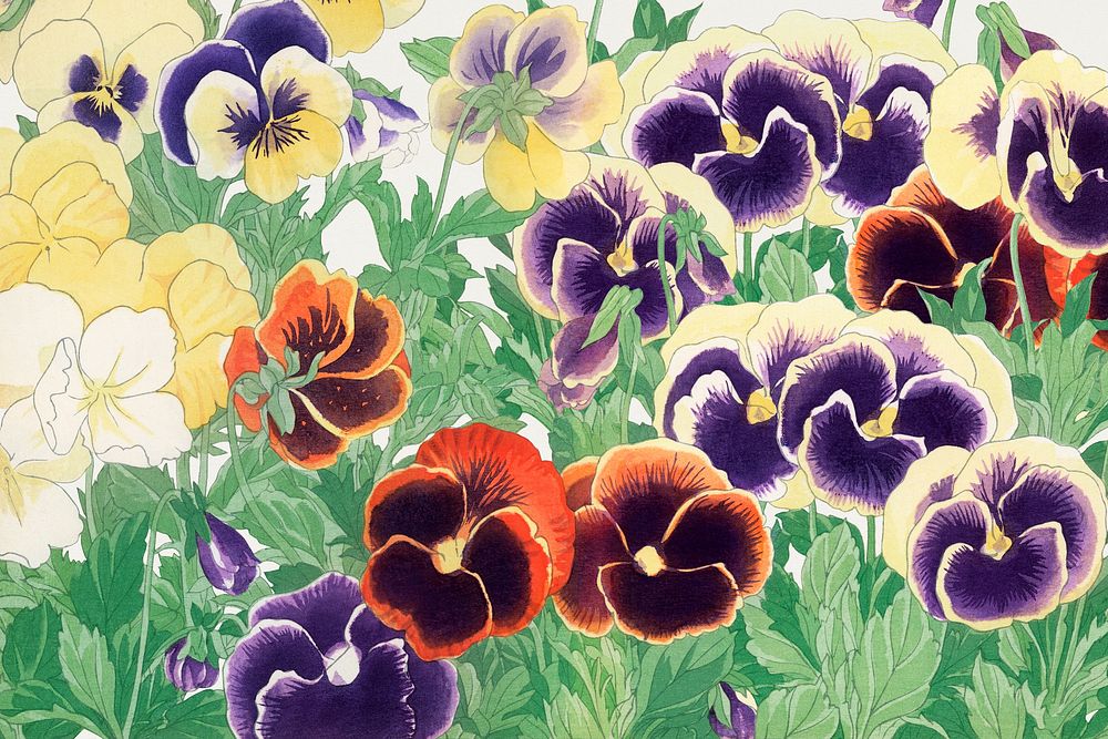 Vintage pansy flower background, Tanigami K&ocirc;nan's ukiyo e artwork, remixed by rawpixel