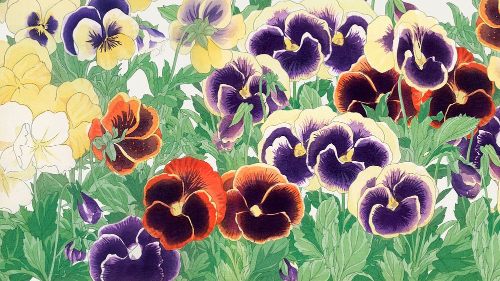 Vintage pansy flower desktop, Tanigami Kônan's ukiyo e artwork, remixed by rawpixel