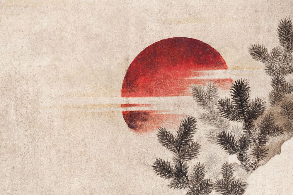 Hokusai's Japanese sunset background, beige nature illustration, remixed by rawpixel