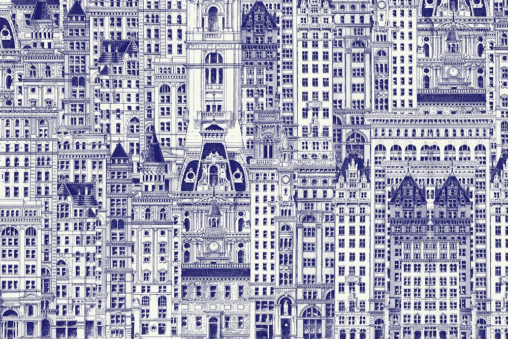 Blue city buildings pattern background. Vintage art remixed by rawpixel.