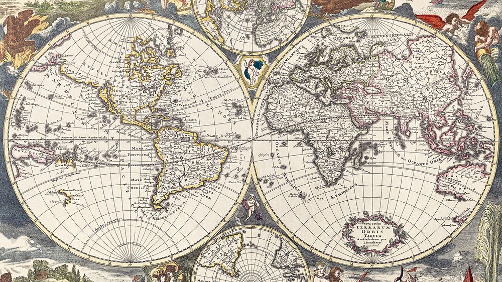 Vintage world map HD wallpaper, artwork by Justus Danckerts, remixed by rawpixel