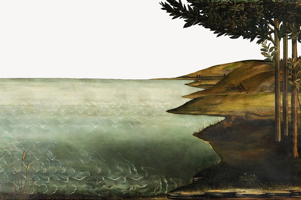 Lake landscape background, Sandro Botticelli's aesthetic painting. Remastered by rawpixel.