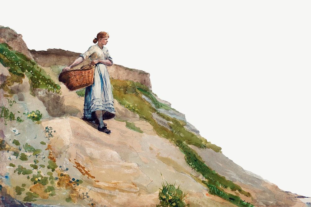 Girl Carrying Basket background, Winslow Homer's vintage border psd, remixed by rawpixel